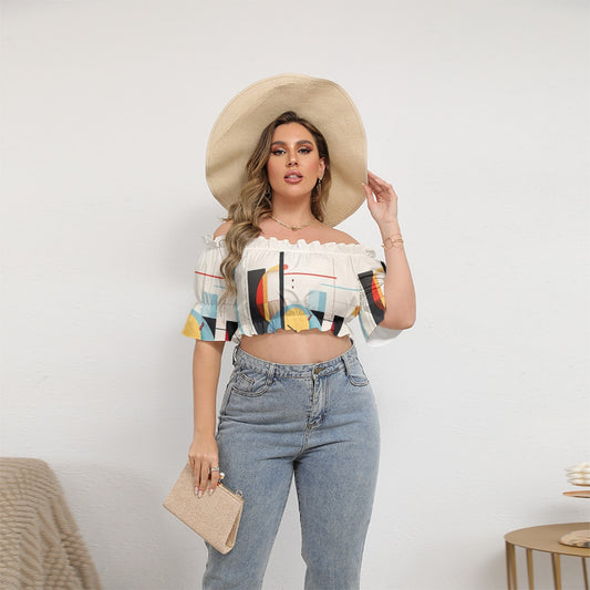 All-Over Print Women's Off-shoulder Cropped Top With Short Puff Sleeve