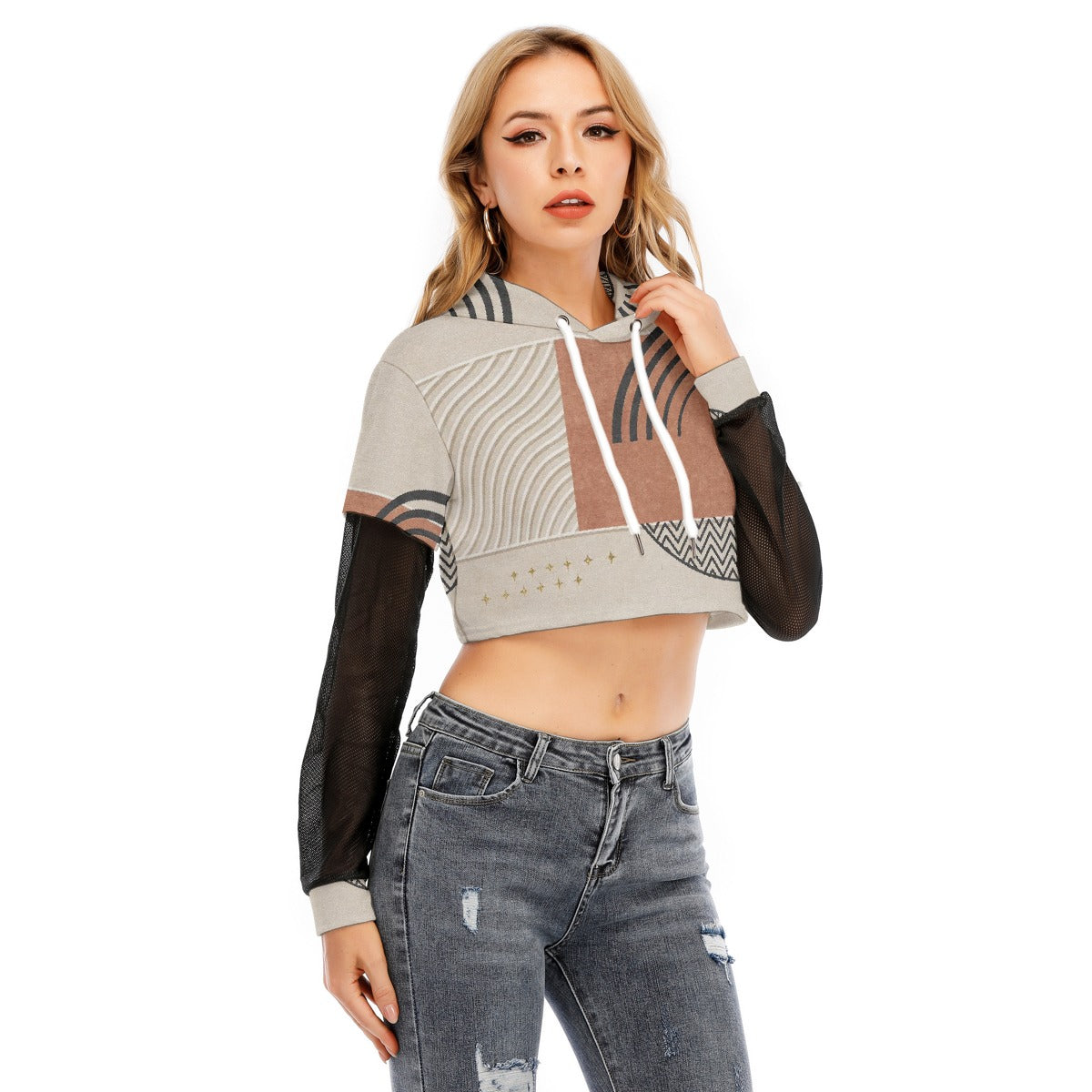 All-Over Print Women's Fake Two-piece Mesh Sleeve Cropped Hoodie