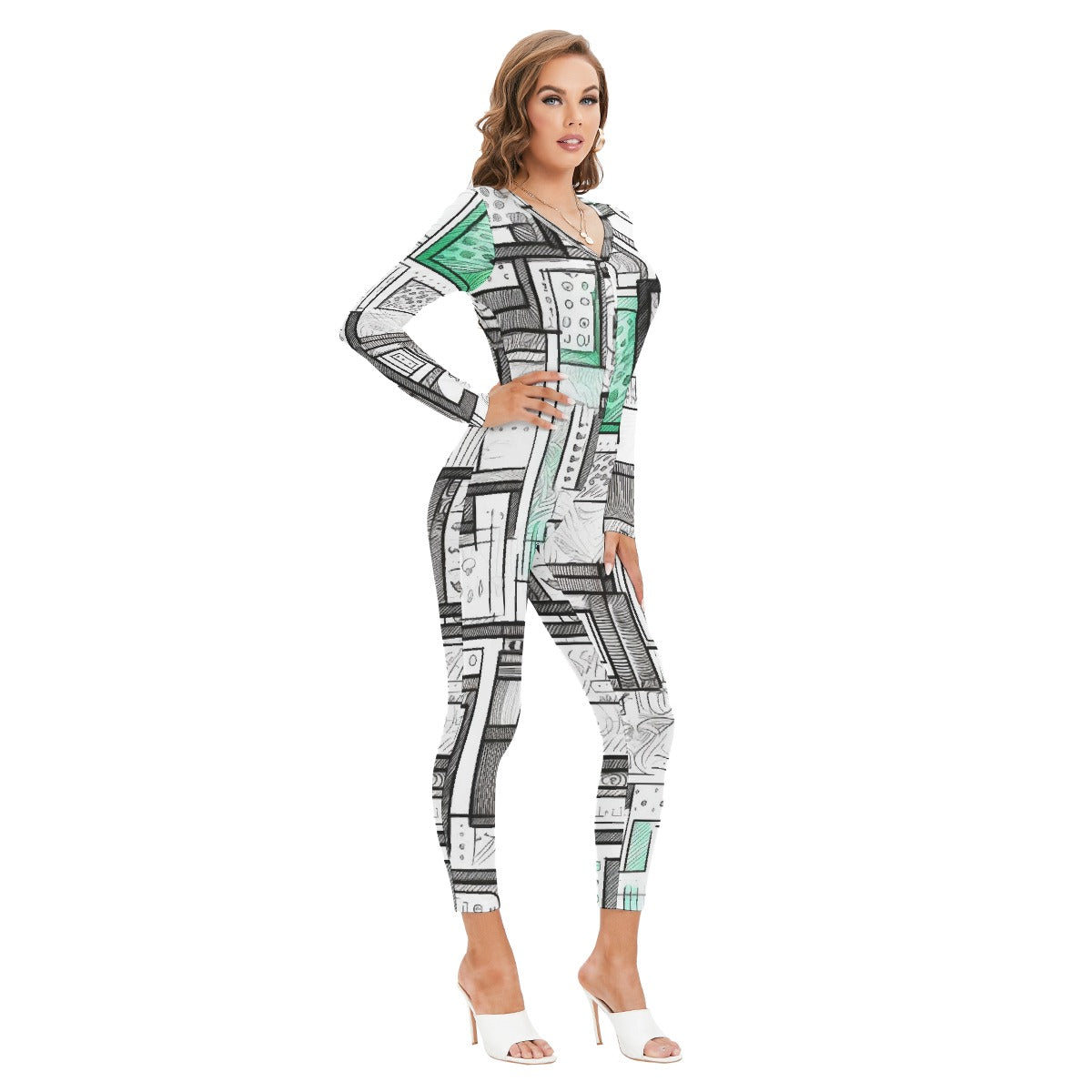 All-Over Print Women's Plunging Neck Jumpsuit