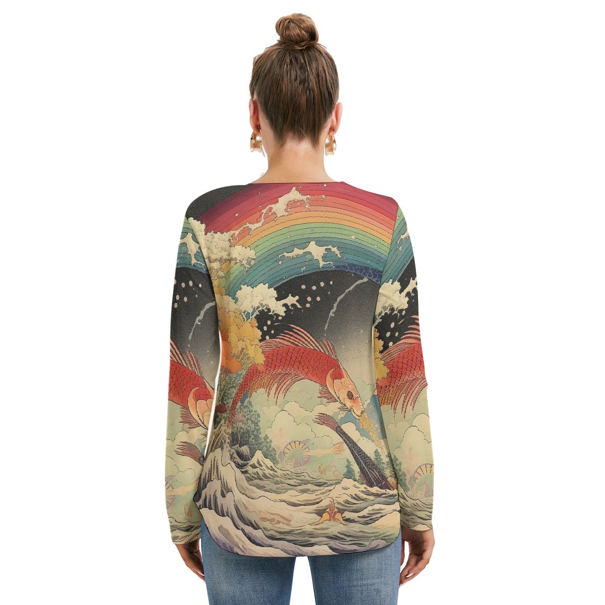 All-Over Print Women's Long Sleeve Neckline Tie Sweatshirt