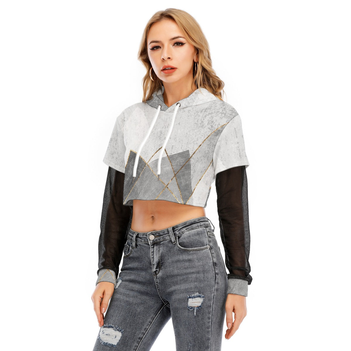 All-Over Print Women's Fake Two-piece Mesh Sleeve Cropped Hoodie