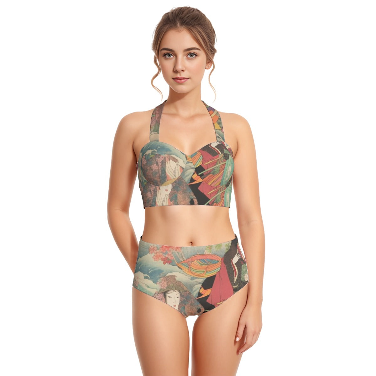 All-Over Print Women's Swimsuit Set With Halter