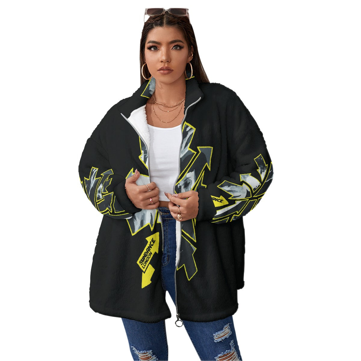 All-Over Print Unisex Borg Fleece Stand-up Collar Coat With Zipper Closure(Plus Size)