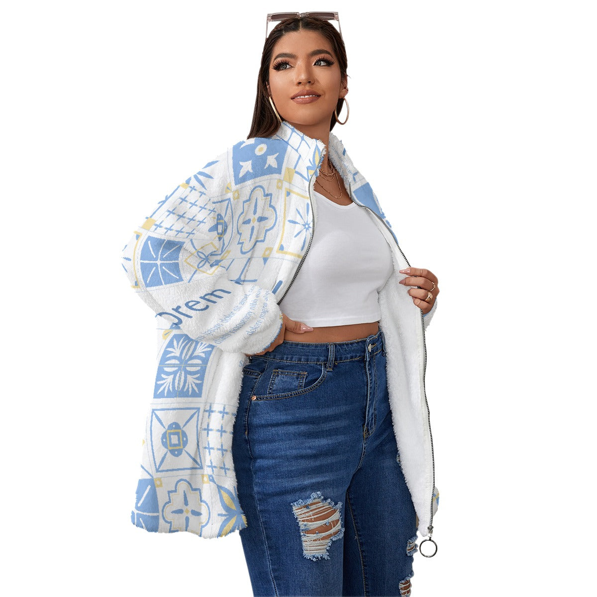 All-Over Print Unisex Borg Fleece Stand-up Collar Coat With Zipper Closure(Plus Size)