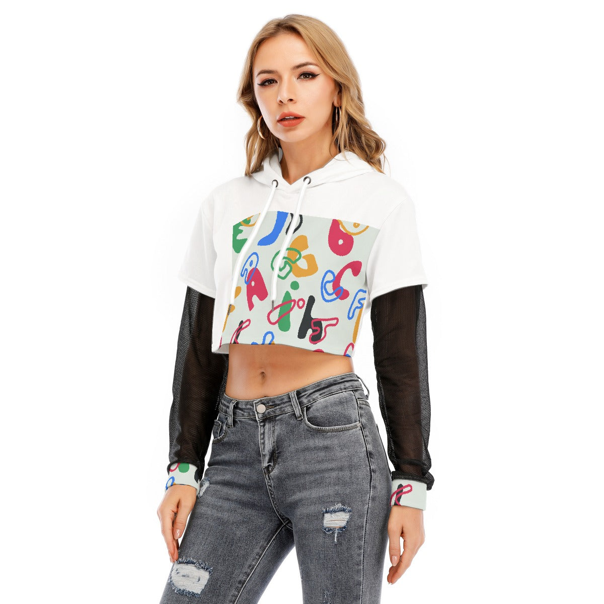 All-Over Print Women's Fake Two-piece Mesh Sleeve Cropped Hoodie