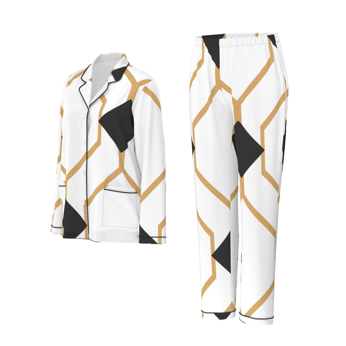 All-Over Print Women's Long Sleeve Pajama Set With Black Contrast Piping