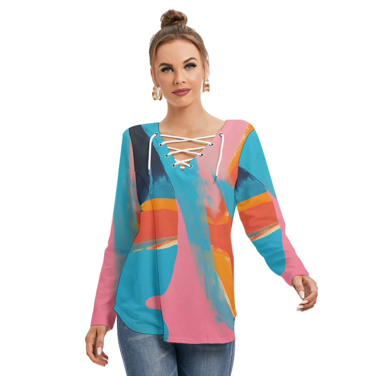 All-Over Print Women's Long Sleeve Neckline Tie Sweatshirt