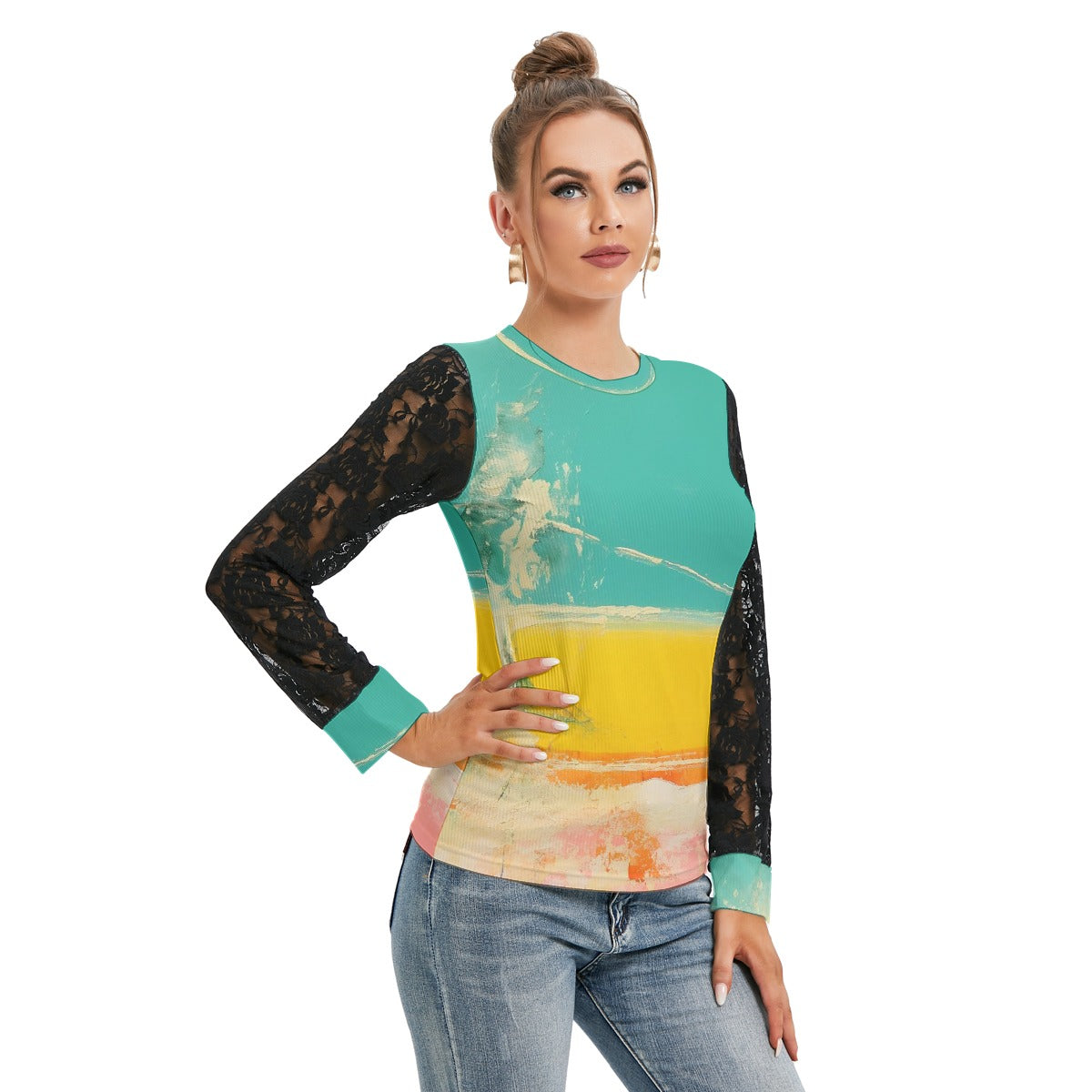 All-Over Print Women's T-shirt And Sleeve With Black Lace