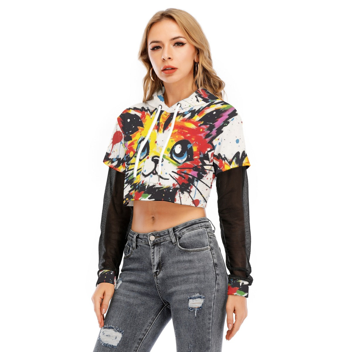 All-Over Print Women's Fake Two-piece Mesh Sleeve Cropped Hoodie