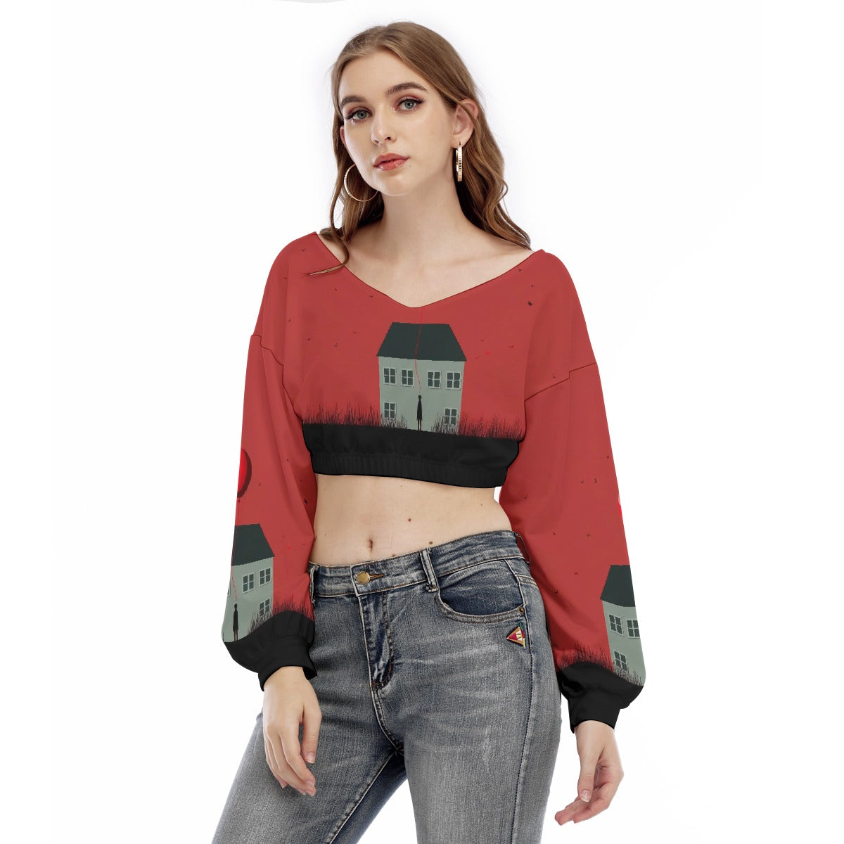 All-Over Print Women's V-neck Long Sleeve Cropped Sweatshirt