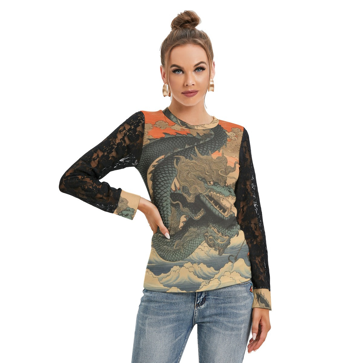 All-Over Print Women's T-shirt And Sleeve With Black Lace