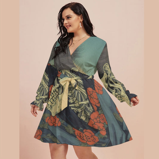 All-Over Print Women's V-neck Dress With Waistband(Plus Size)
