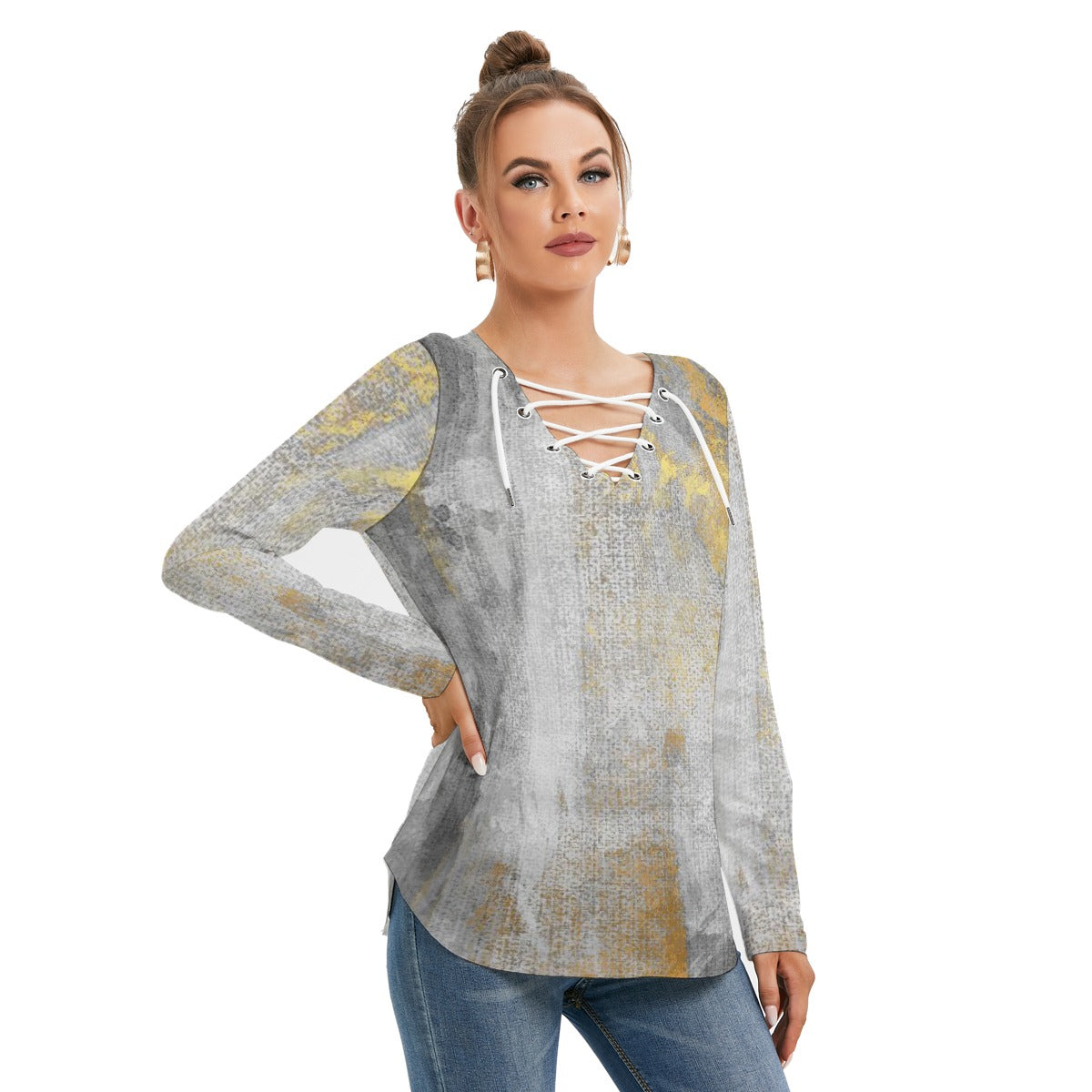 All-Over Print Women's Long Sleeve Neckline Tie Sweatshirt