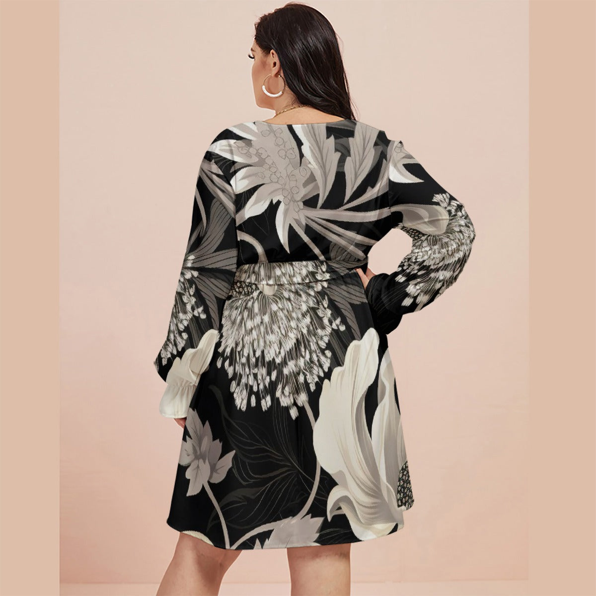 All-Over Print Women's V-neck Dress With Waistband(Plus Size)