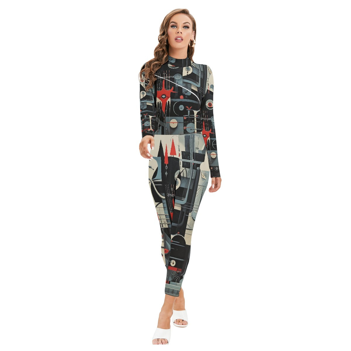 All-Over Print Women's Long-sleeved High-neck Jumpsuit With Zipper