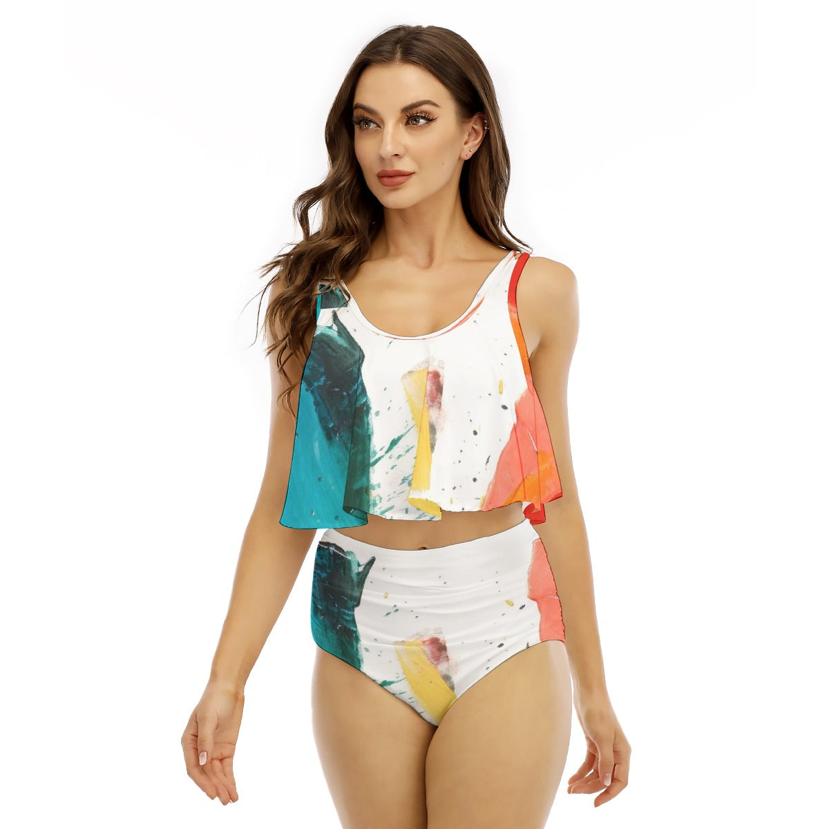 All-Over Print Women's Ruffled Vest Bikini Swimsuit