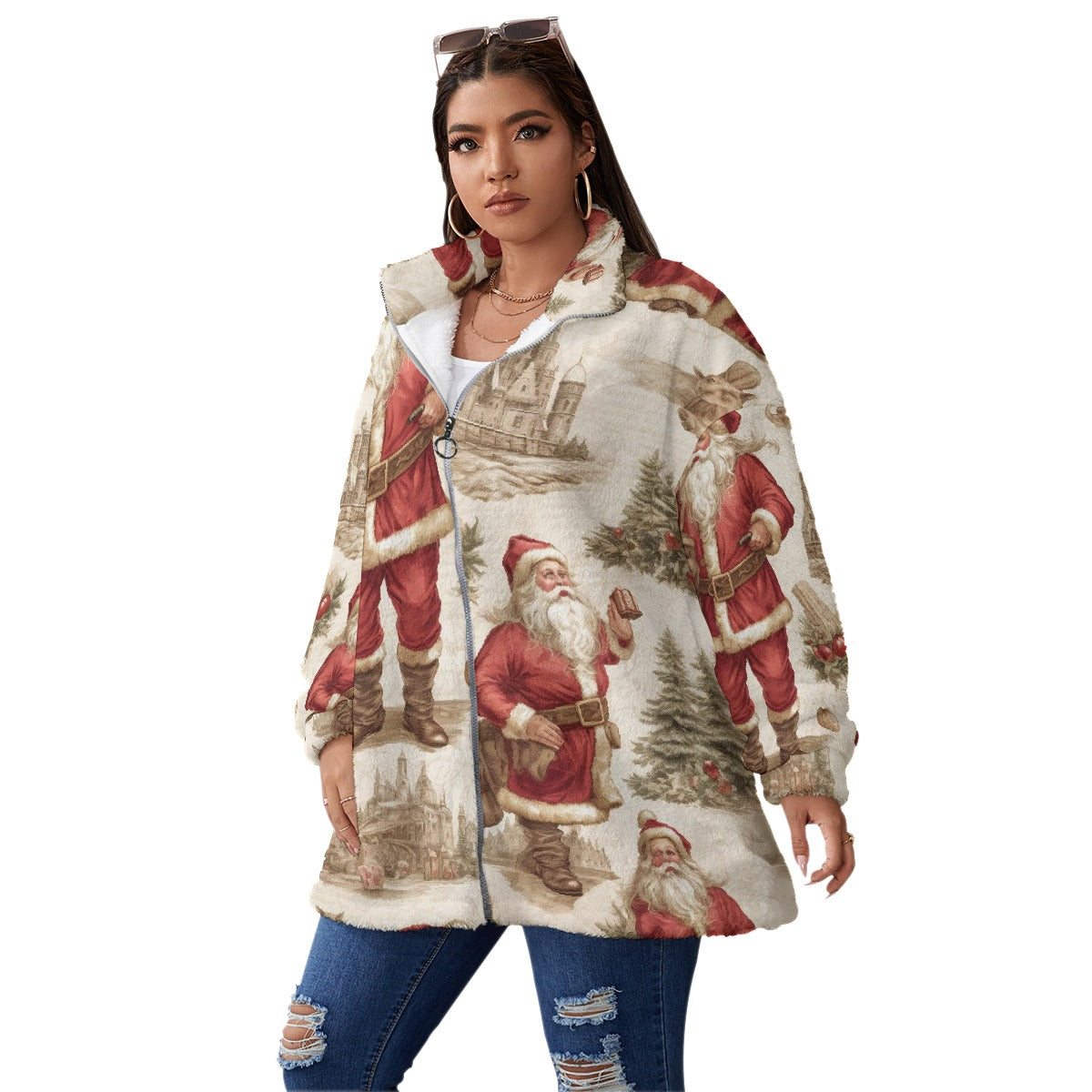 All-Over Print Unisex Borg Fleece Stand-up Collar Coat With Zipper Closure(Plus Size)