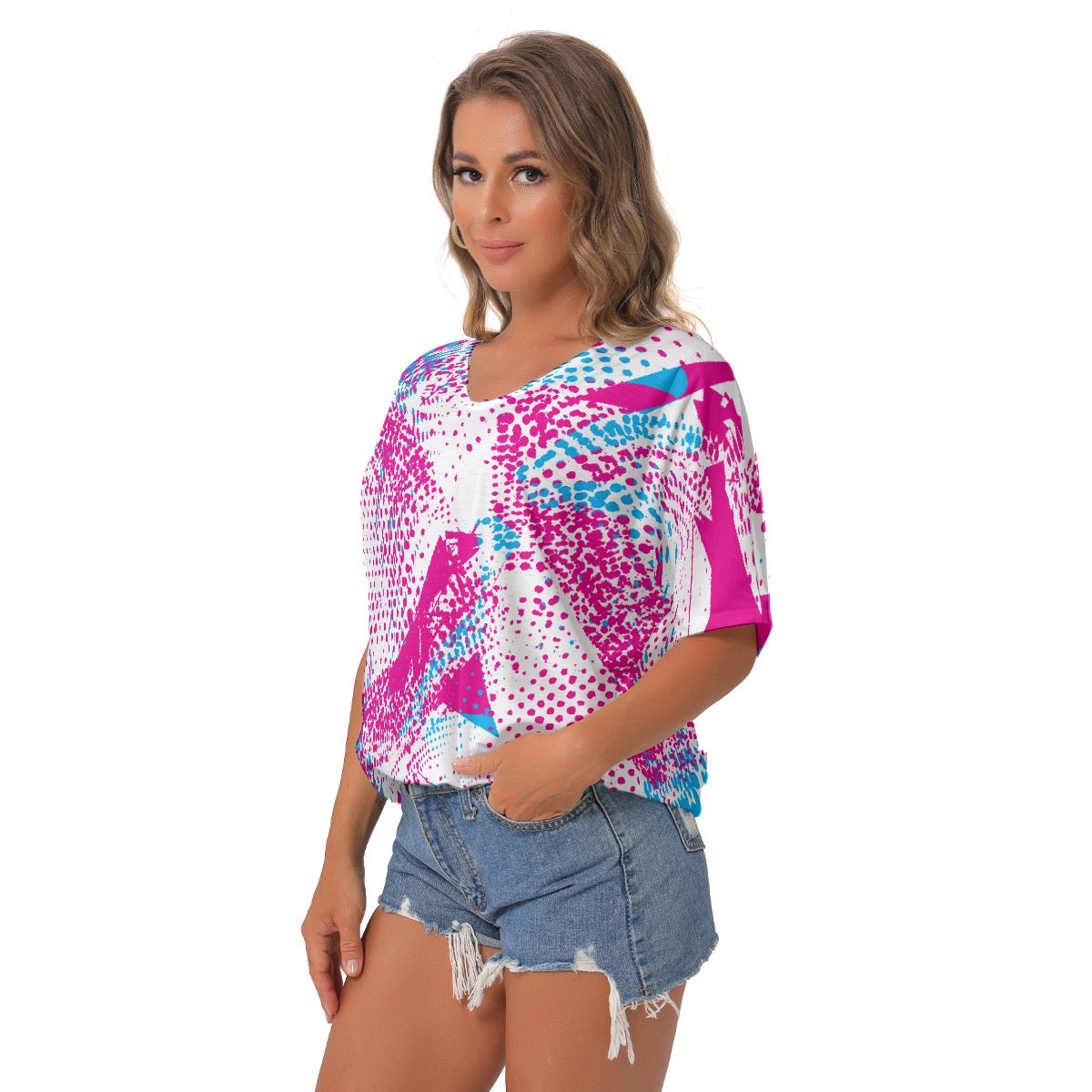 All-Over Print Women's Bat Sleeves V-Neck Blouse