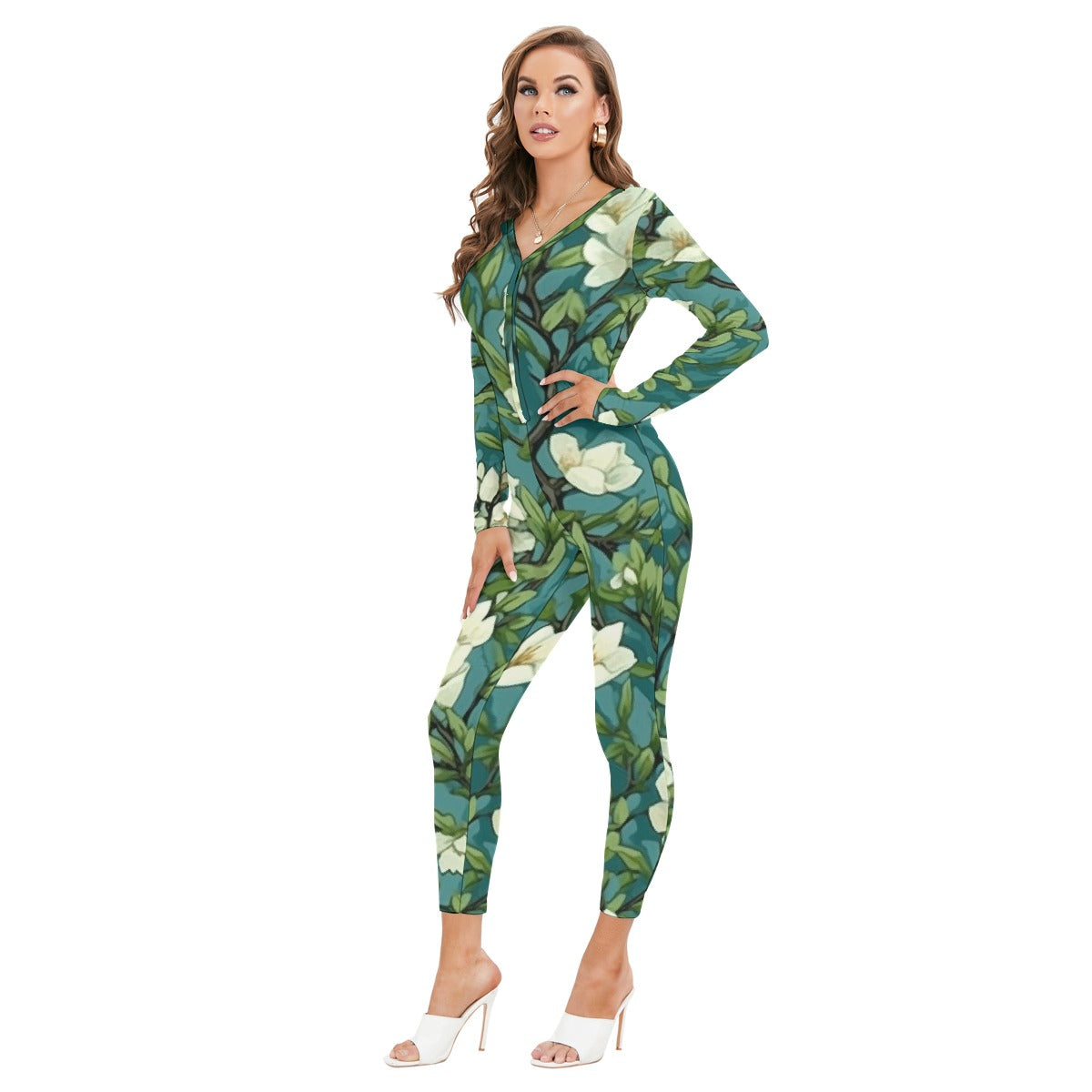 All-Over Print Women's Plunging Neck Jumpsuit