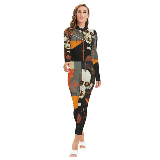All-Over Print Women's Long-sleeved High-neck Jumpsuit With Zipper