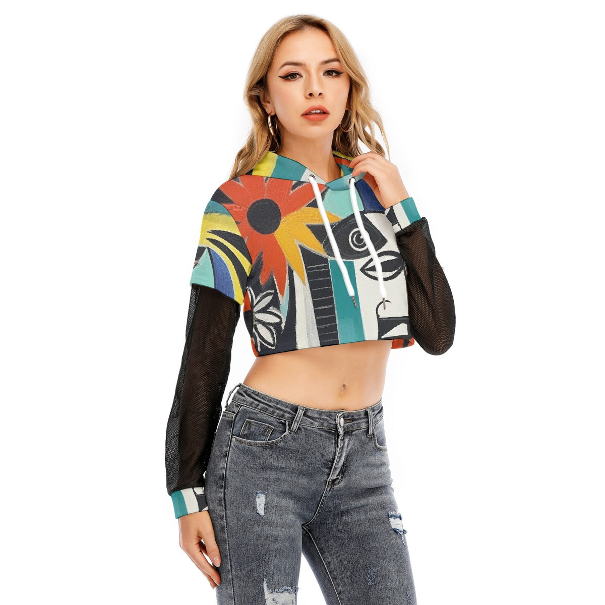 All-Over Print Women's Fake Two-piece Mesh Sleeve Cropped Hoodie