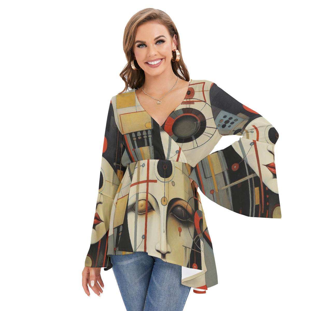 All-Over Print Women's V-neck Blouse With Flared Sleeves