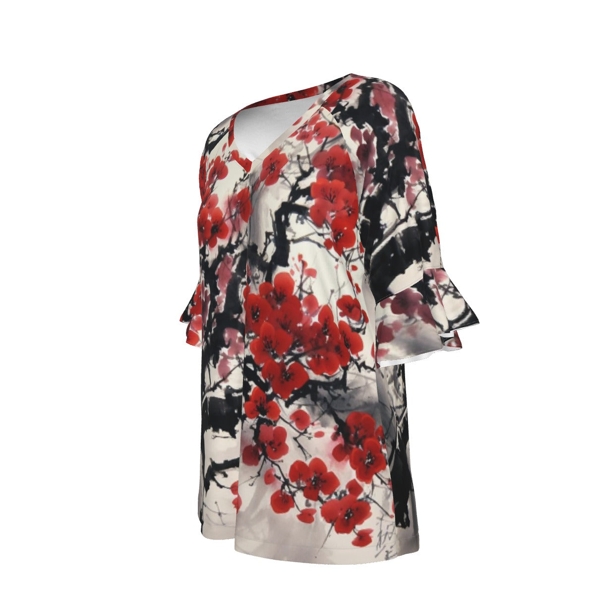 All-Over Print V-neck Women's T-shirt With Bell Sleeve