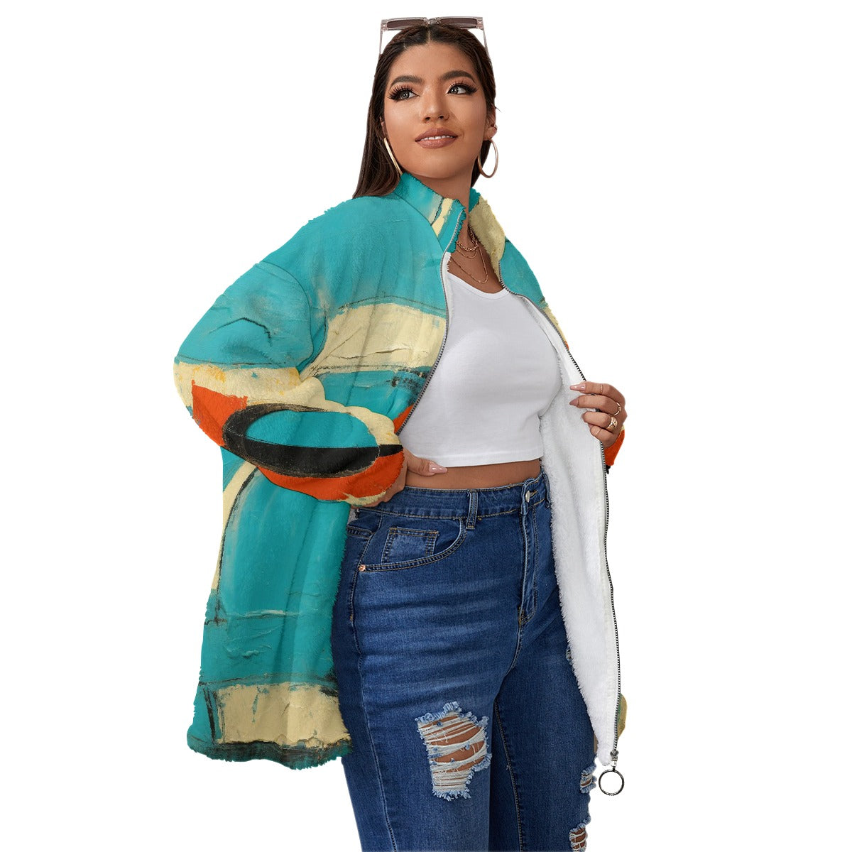 All-Over Print Unisex Borg Fleece Stand-up Collar Coat With Zipper Closure(Plus Size)