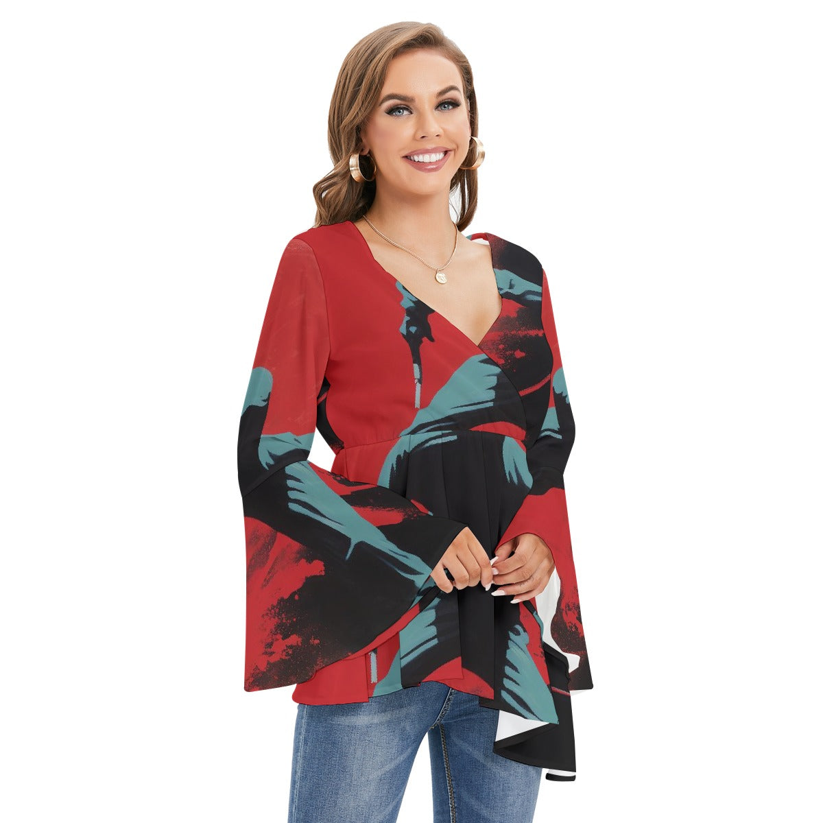 All-Over Print Women's V-neck Blouse With Flared Sleeves