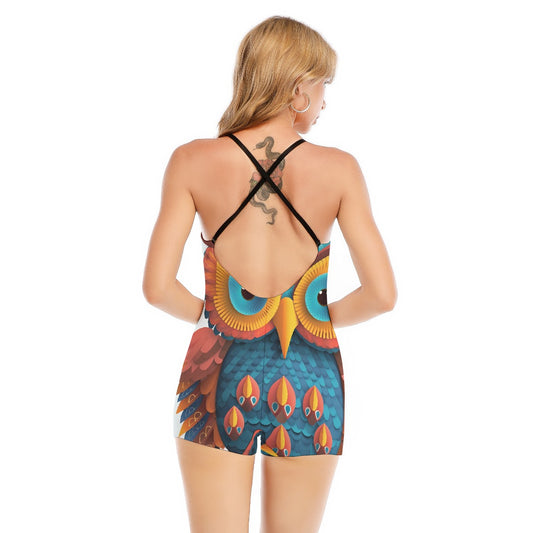 All-Over Print Women's Backless Romper With Black Straps