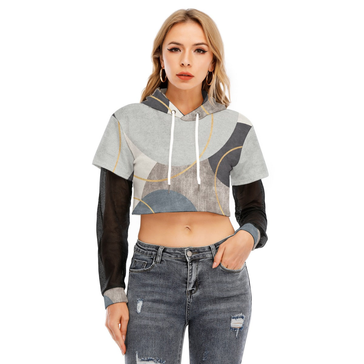 All-Over Print Women's Fake Two-piece Mesh Sleeve Cropped Hoodie