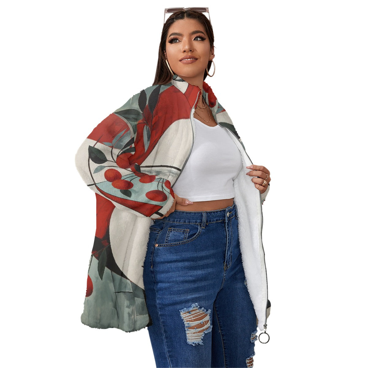 All-Over Print Unisex Borg Fleece Stand-up Collar Coat With Zipper Closure(Plus Size)