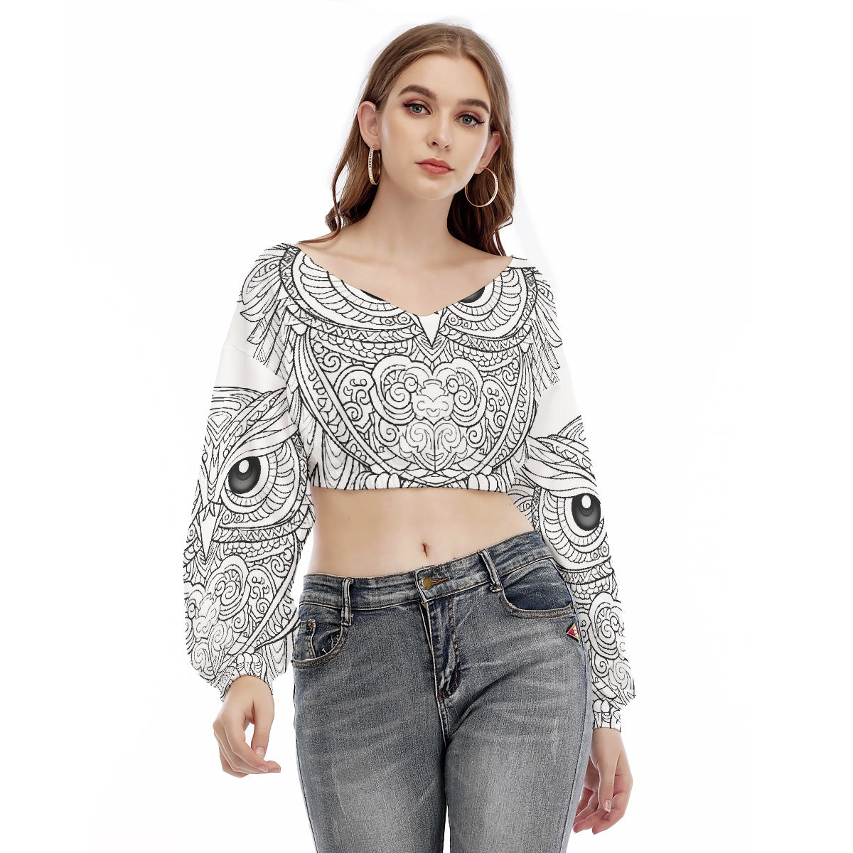 All-Over Print Women's V-neck Long Sleeve Cropped Sweatshirt