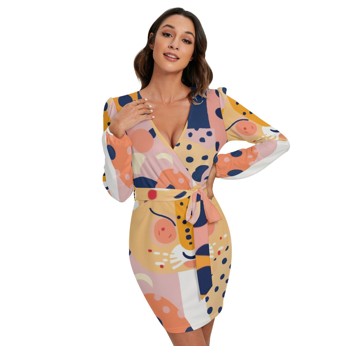 All-Over Print Women's Long Sleeve Dress With Waist Belt