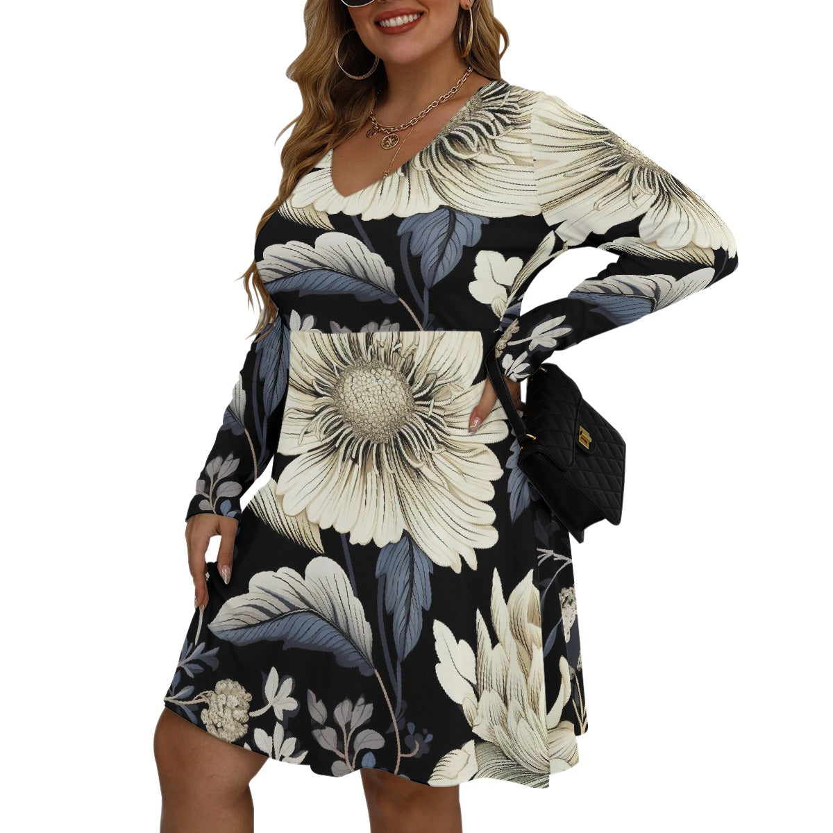 All-Over Print Women's V-neck Long Sleeve Dress(Plus Size)
