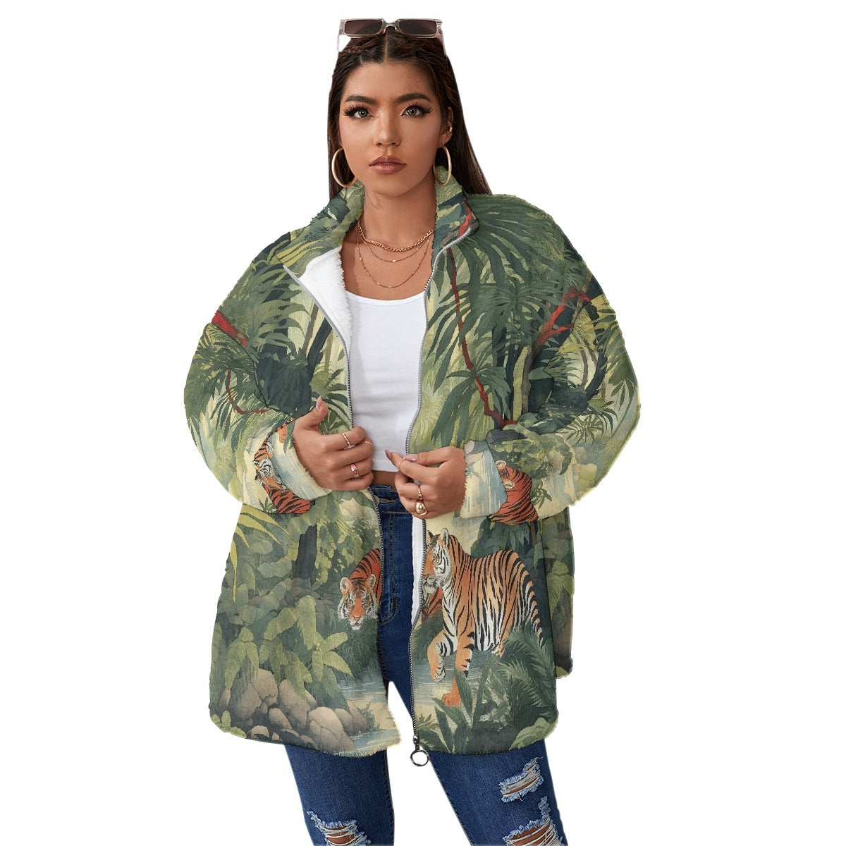 All-Over Print Unisex Borg Fleece Stand-up Collar Coat With Zipper Closure(Plus Size)