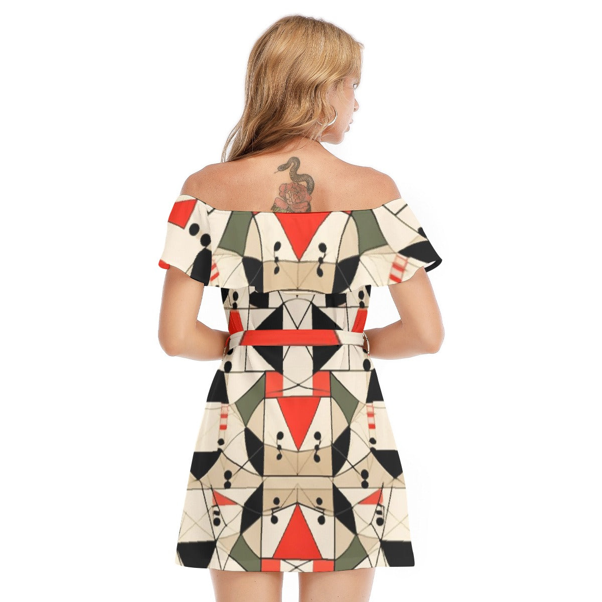 All-Over Print Women's Off-shoulder Dress With Ruffle