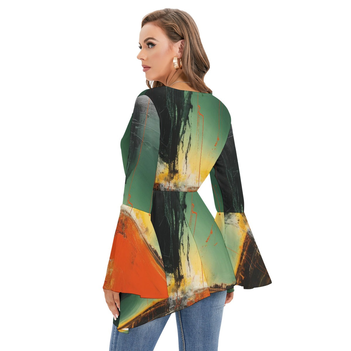 All-Over Print Women's V-neck Blouse With Flared Sleeves