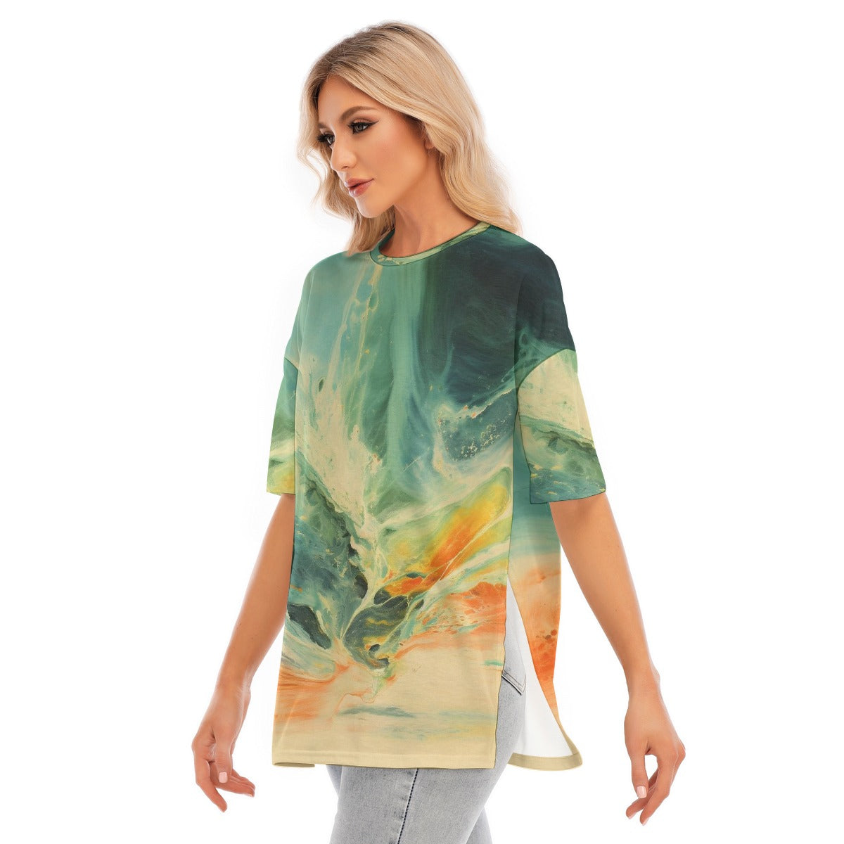 All-Over Print Women's Short Sleeves T-shirt With Hem Split