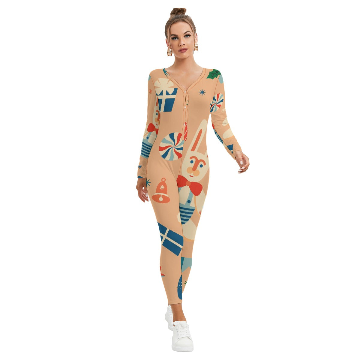 All-Over Print Women's Plunging Neck Jumpsuit