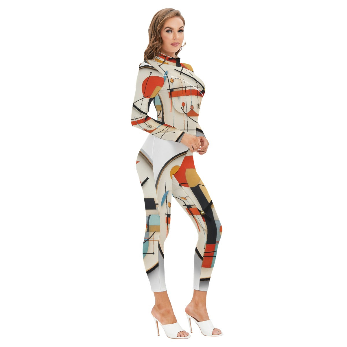 All-Over Print Women's Long-sleeved High-neck Jumpsuit With Zipper