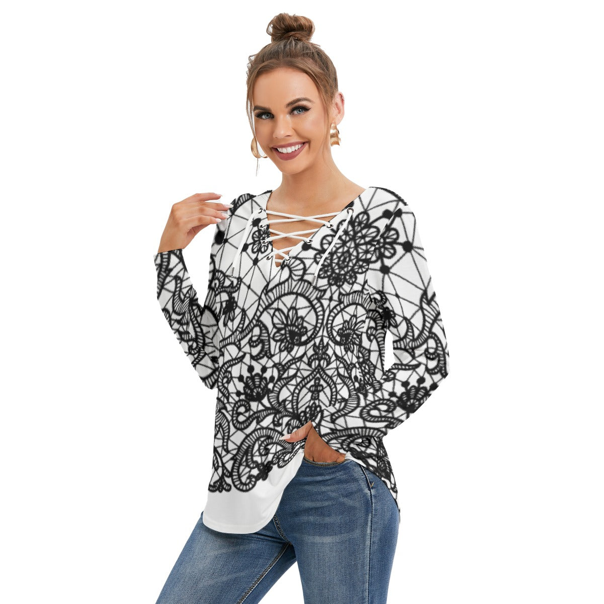 All-Over Print Women's Long Sleeve Neckline Tie Sweatshirt