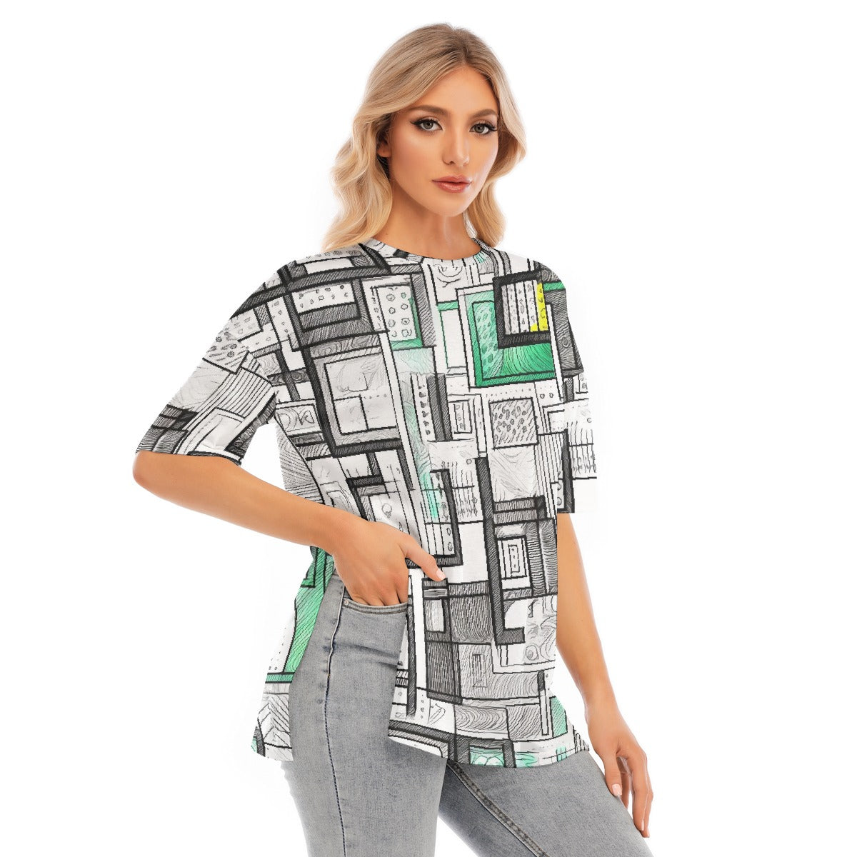 All-Over Print Women's Short Sleeves T-shirt With Hem Split