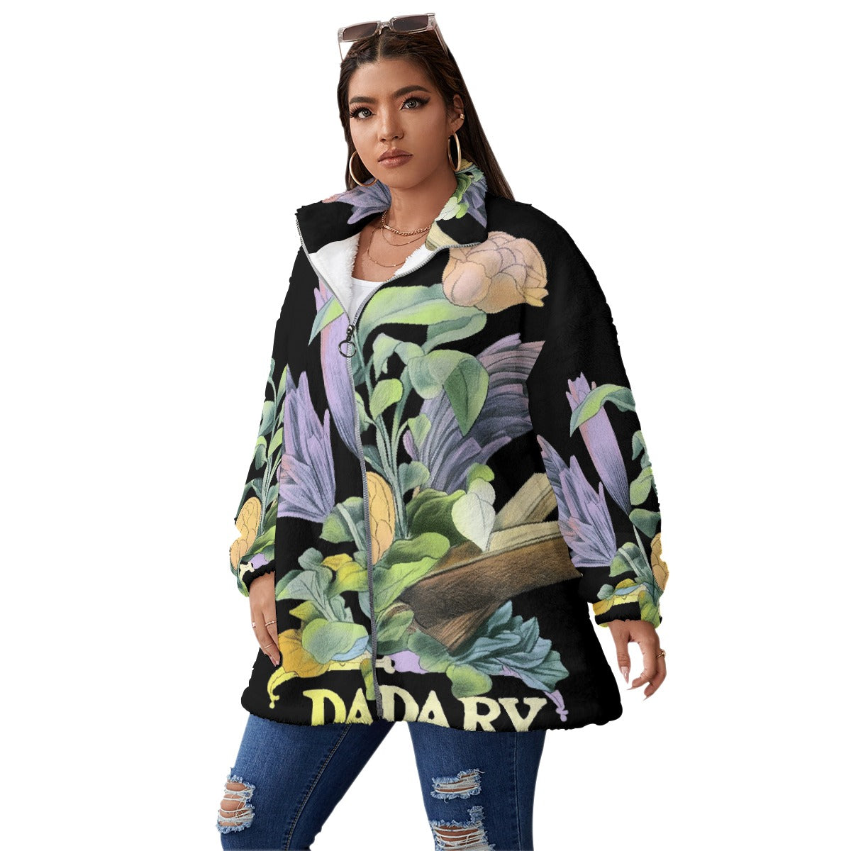 All-Over Print Unisex Borg Fleece Stand-up Collar Coat With Zipper Closure(Plus Size)