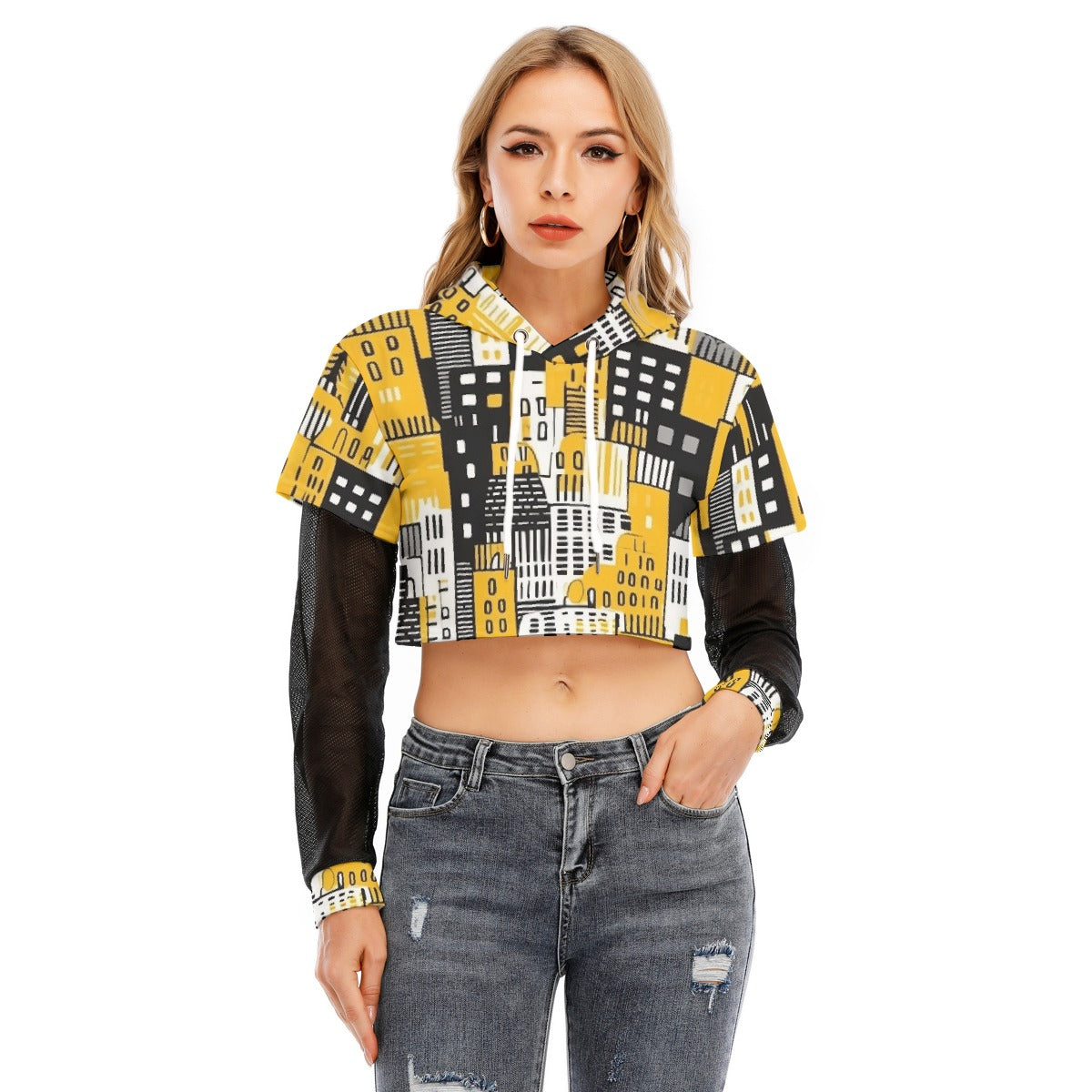 All-Over Print Women's Fake Two-piece Mesh Sleeve Cropped Hoodie