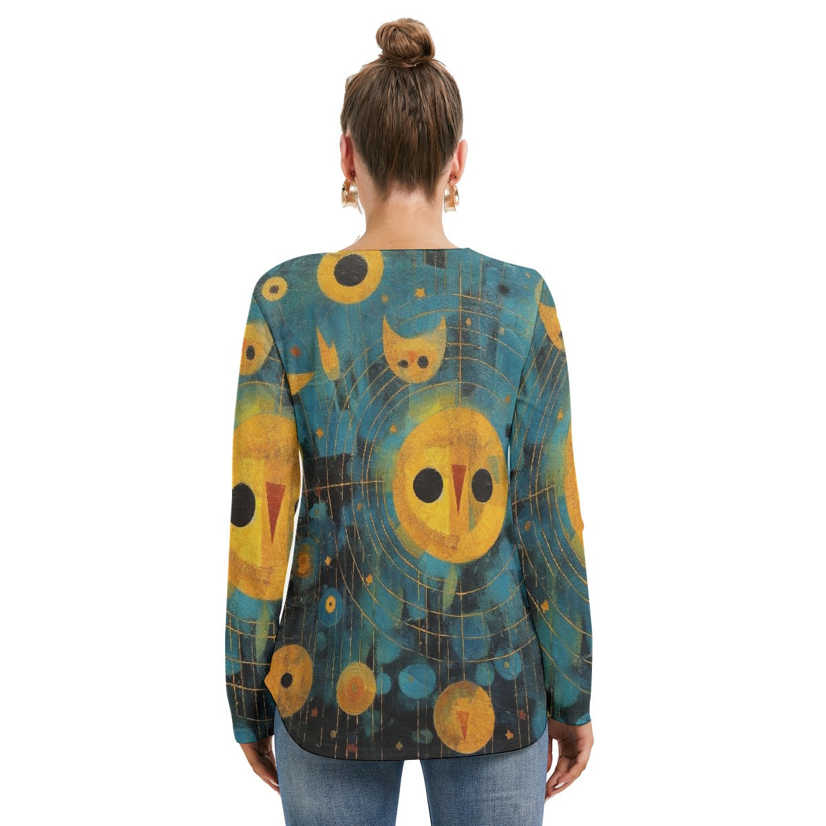 All-Over Print Women's Long Sleeve Neckline Tie Sweatshirt