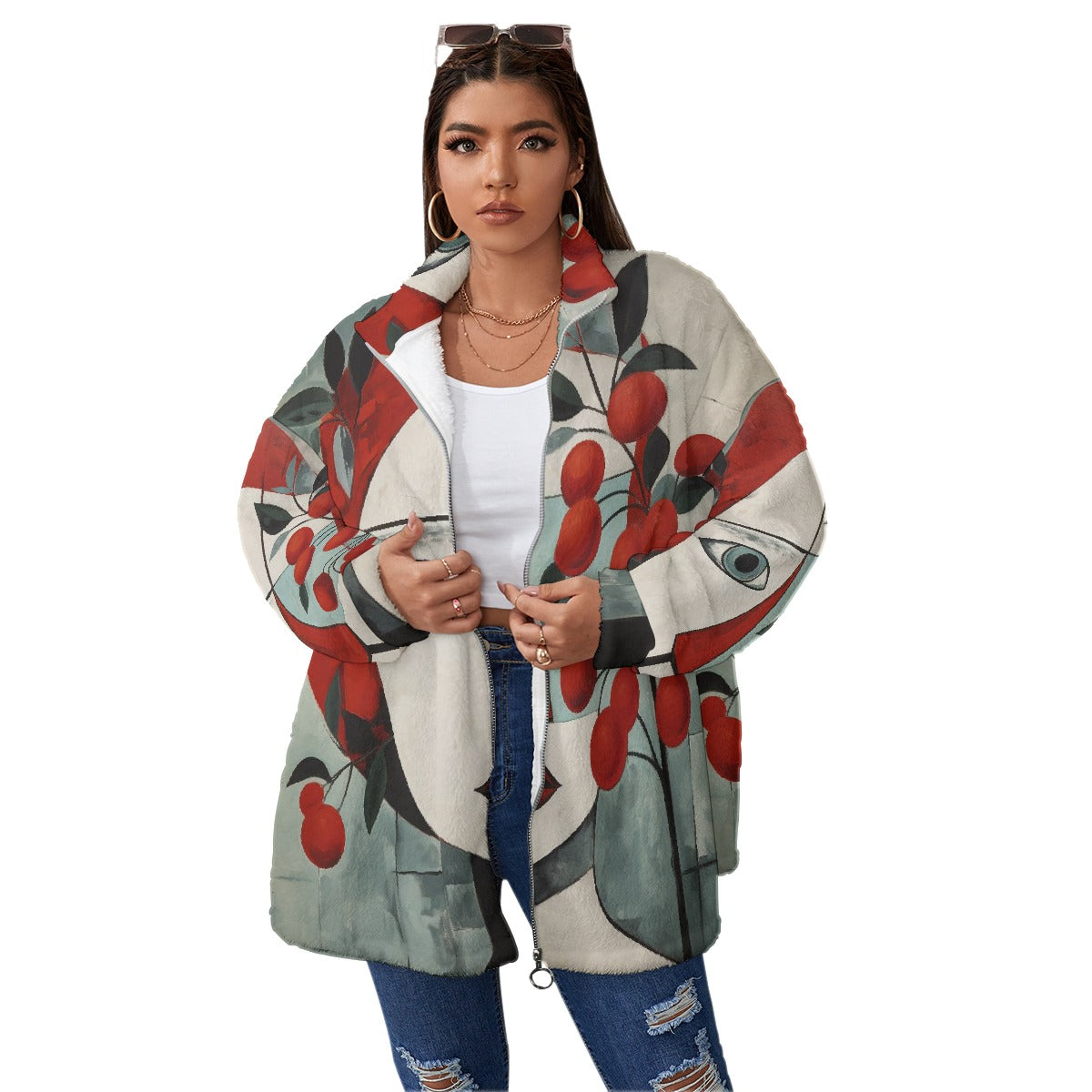 All-Over Print Unisex Borg Fleece Stand-up Collar Coat With Zipper Closure(Plus Size)