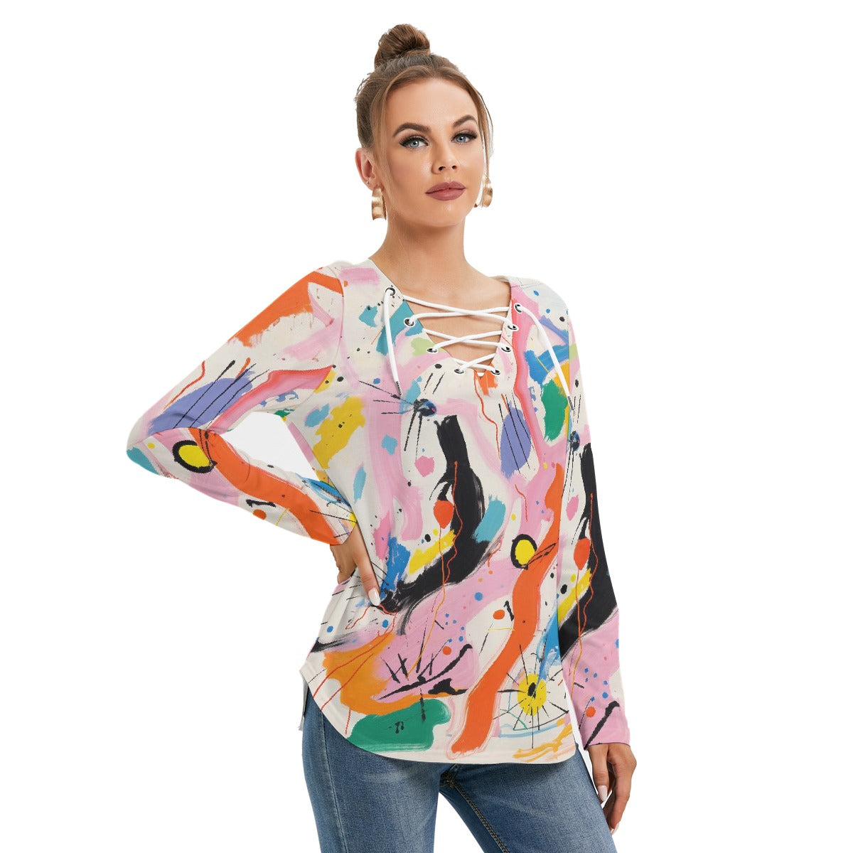 All-Over Print Women's Long Sleeve Neckline Tie Sweatshirt