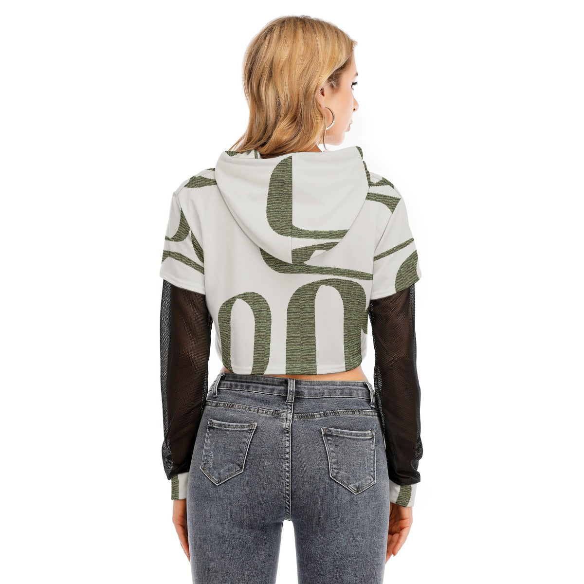 All-Over Print Women's Fake Two-piece Mesh Sleeve Cropped Hoodie