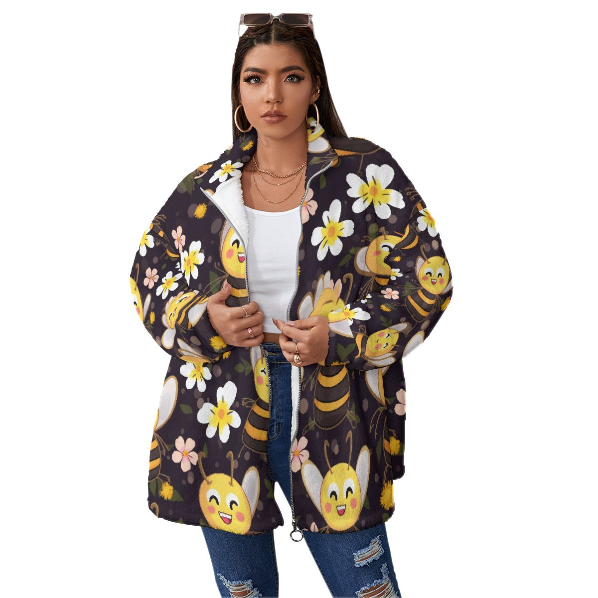 All-Over Print Unisex Borg Fleece Stand-up Collar Coat With Zipper Closure(Plus Size)